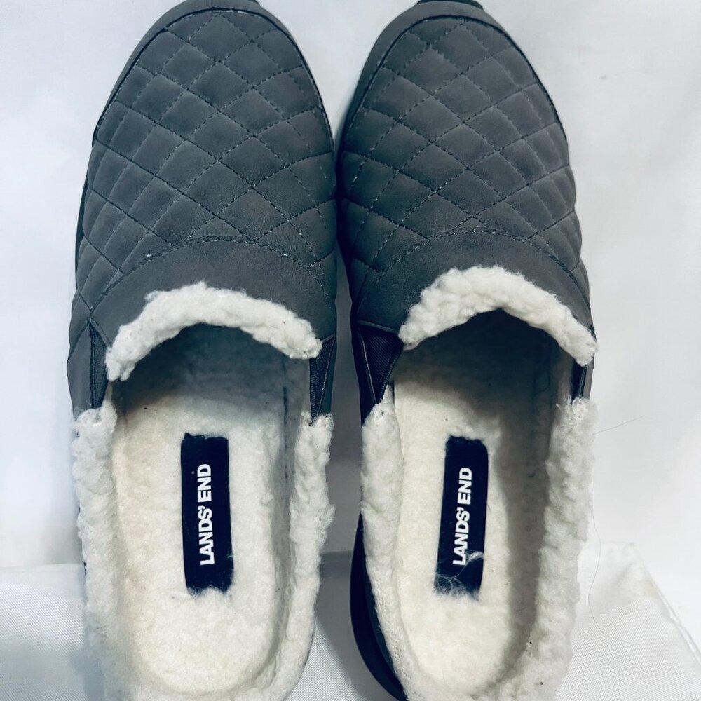 Lands' End-Women's Size 7B Slip On Quilted Sherpa House Slippers-Gray/Cream-Comf